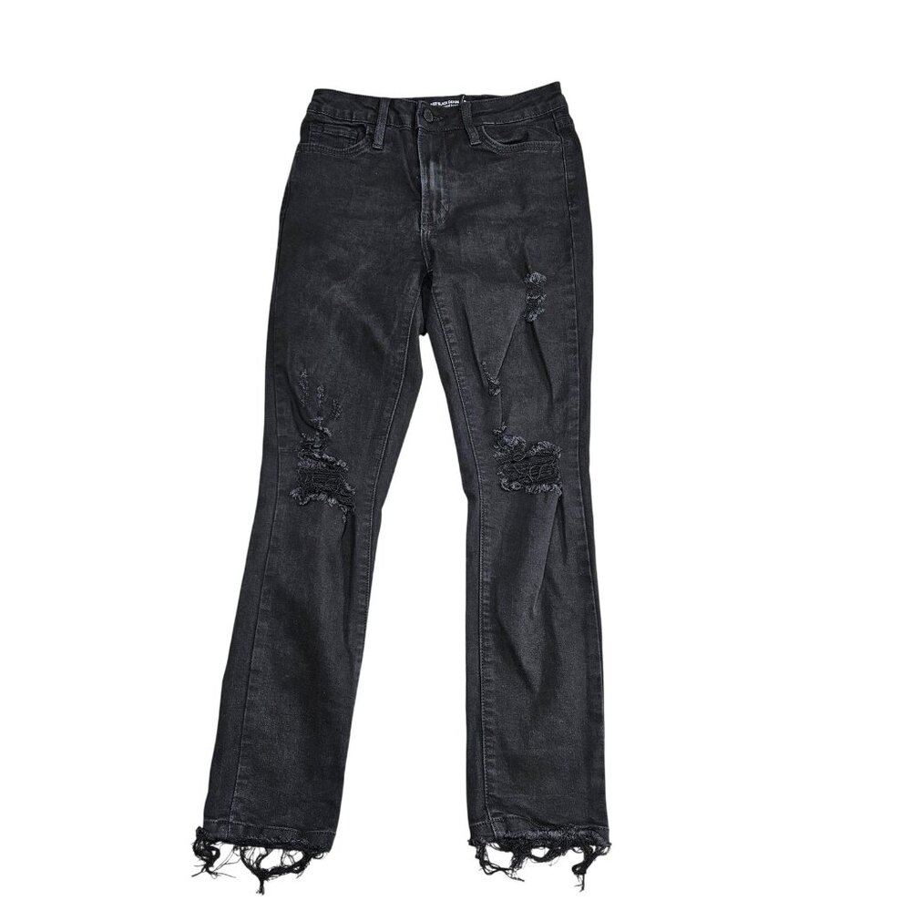 Just Black Denim Jeans Womens 25 Black Distressed Raw Hem High Rise Skinny Ankle